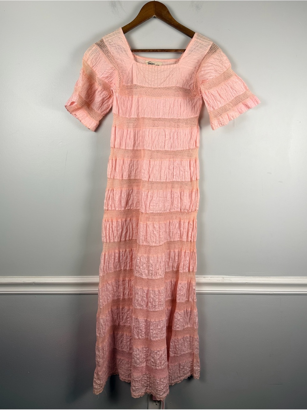 Tachi Castillo 1970s Vintage pink Crochet Cotton Mexican Empire Midi Dress